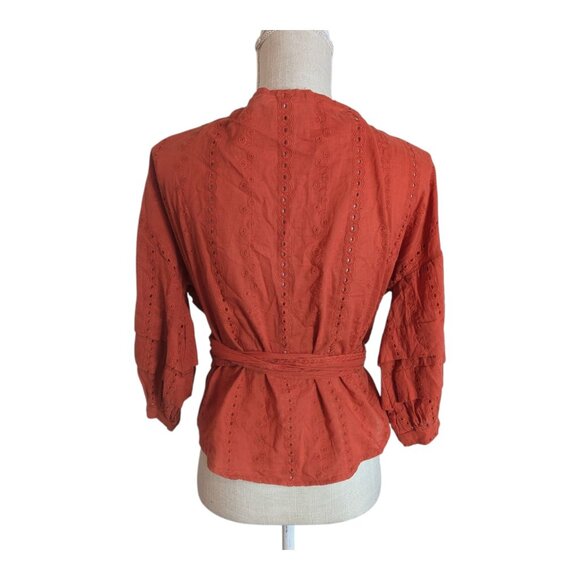 Forever 21 Women's Size S Rust Orange Eyelet Cotton Puff Sleeve Wrap Blouse Top - Picture 6 of 6